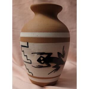 Terracotta Hand Painted Vase with Lizard Sand Painting Motif South West